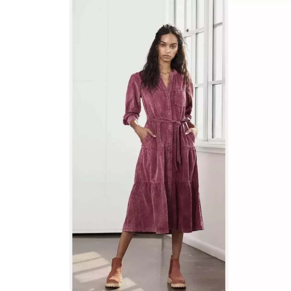 Anthropologie Mauve Corduroy Tiered Midi Dress